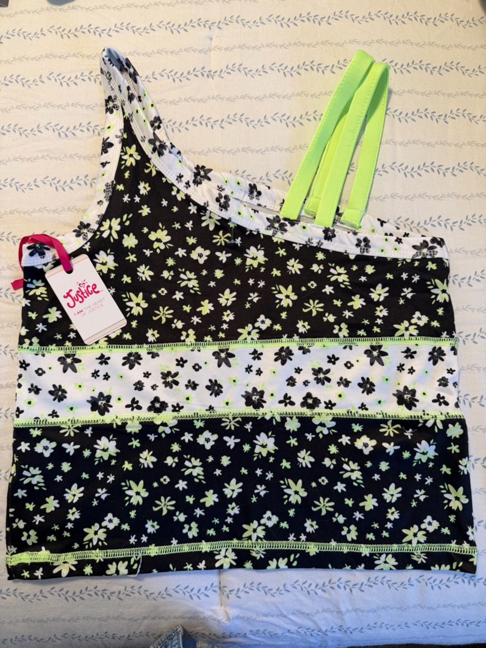 Justice Black Tank Top with Neon Green and White Floral Print